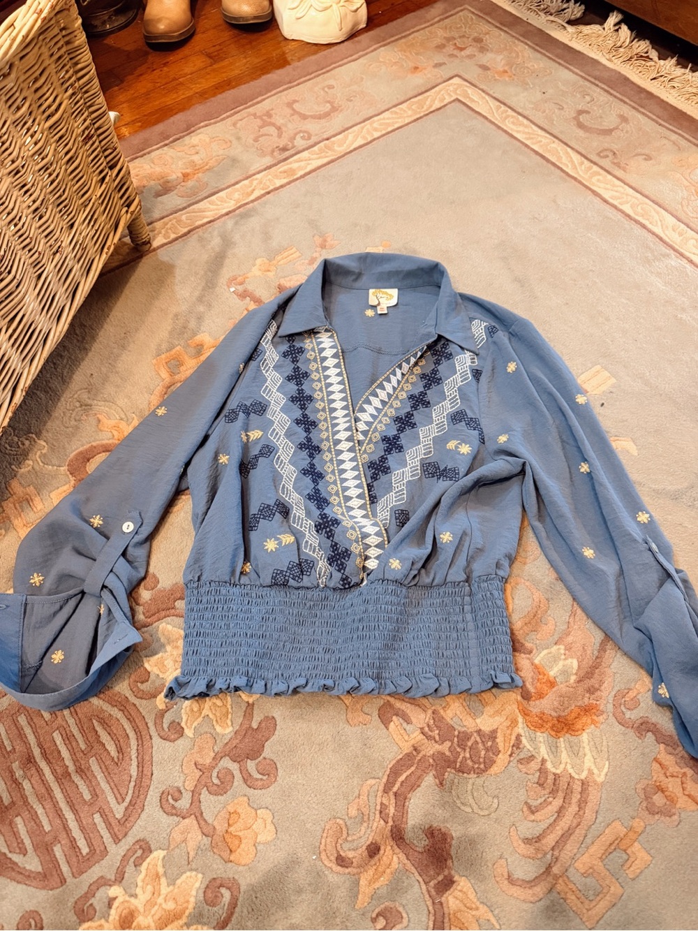 fig and flower Blue Embroidered Smocked Waist Blouse